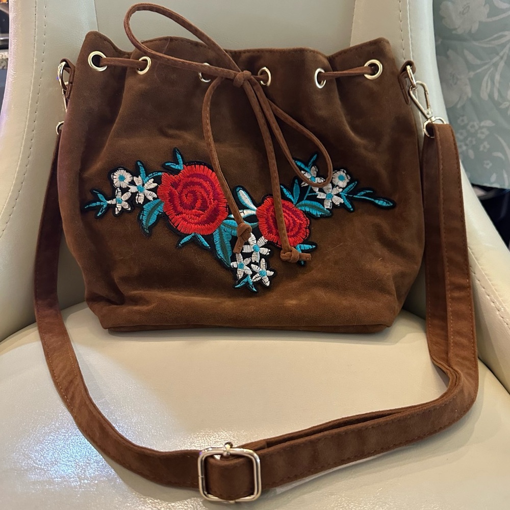 Brown Suede Embroidered Rose Drawstring Crossbody Bucket Boho Cottagecore Bag